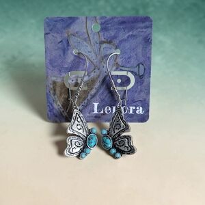 Hand Crafted Butterfly Dangle Earrings with Turquoise Accents 2" Hypoallergenic